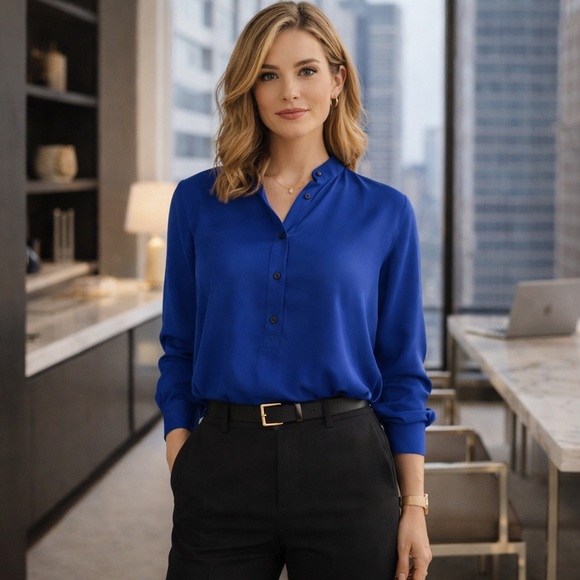 Lauren Ralph Lauren Tops - Lauren Ralph Lauren 100% Silk Blouse Blue Long Sleeve Size L Luxury Office Work